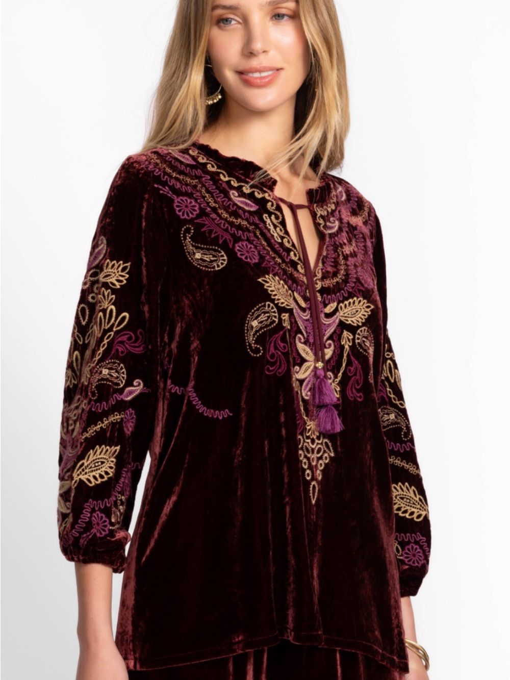 Johnny Was Plum Velvet Field Embroidered Top